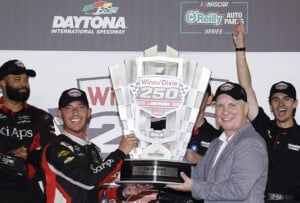 DAYTONA BEACH, FLORIDA - AUGUST 28: Ryan Sieg, driver of the #38 Superior Integrity Services/SciAps Chevrolet, celebrates in victory lane after winning the NASCAR O'Reilly Auto Parts Series Winn-Dixie 250 Powered by Coca-Cola at Daytona International Speedway on August 28, 2026 in Daytona Beach, Florida.