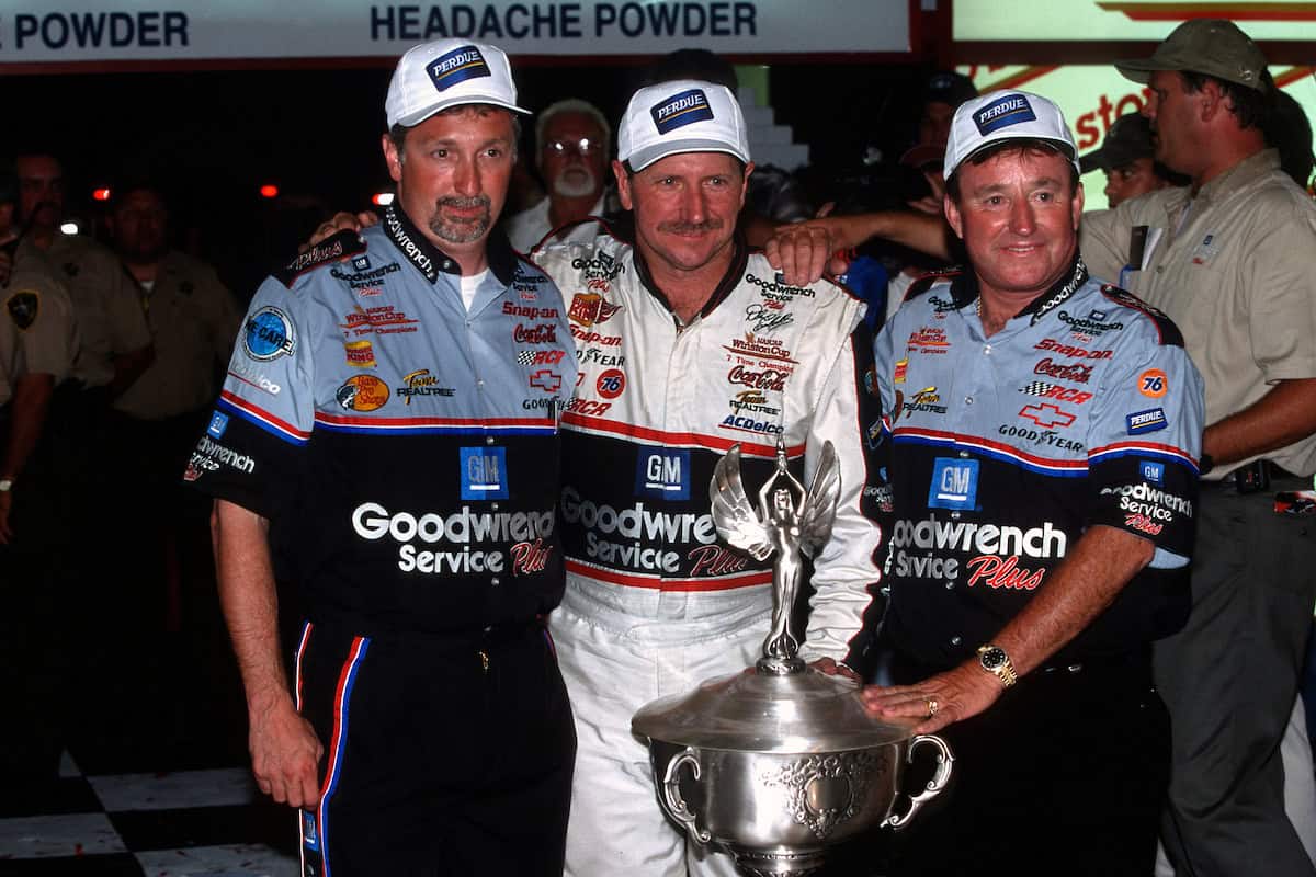 Dale Earnhardt, Richard Childress with Bristol Motor Speedway trophy in victory lane