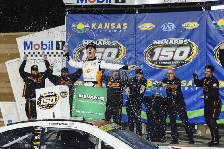 2026 ARCA Kansas II Carson Brown woohoo (Credit: Alex Lorenzo/ARCA Racing used with permission)
