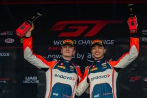 Tyler Gonzalez and Westin Workman celebrate their victory in Pirelli GT4 America Race No. 1 at Barber Motorsports Park, 9/25/2026 (Photo: Fred Hardy/SRO Motorsports Group)