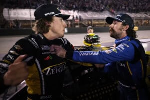 BRISTOL, TENNESSEE - SEPTEMBER 19: Carson Hocevar, driver of the #77 Zeigler Auto Group Chevrolet, (L) and Ryan Blaney, driver of the #12 WABASH Ford, get into an altercation after the NASCAR Cup Series Bass Pro Shops Night Race at Bristol Motor Speedway on September 19, 2026 in Bristol, Tennessee. (Photo by Chris Graythen/Getty Images)