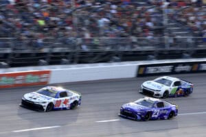 2026 Cup Darlington II racing - Christopher Bell, No. 20 Joe Gibbs Racing Toyota, Bubba Wallace, No. 23 23XI Racing Toyota, and Cole Custer, No. 41 Haas Factory Team Chevrolet (Credit: Matthew T. Thacker/NKP)