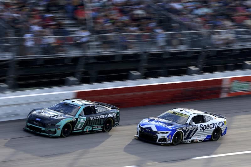 2026 Cup Darlington II racing III - Brad Keselowski, No. 6 RFK Racing Ford, and Carson Hocevar, No. 77 Spire Motorsports Chevrolet (Credit: Matthew T. Thacker/NKP)