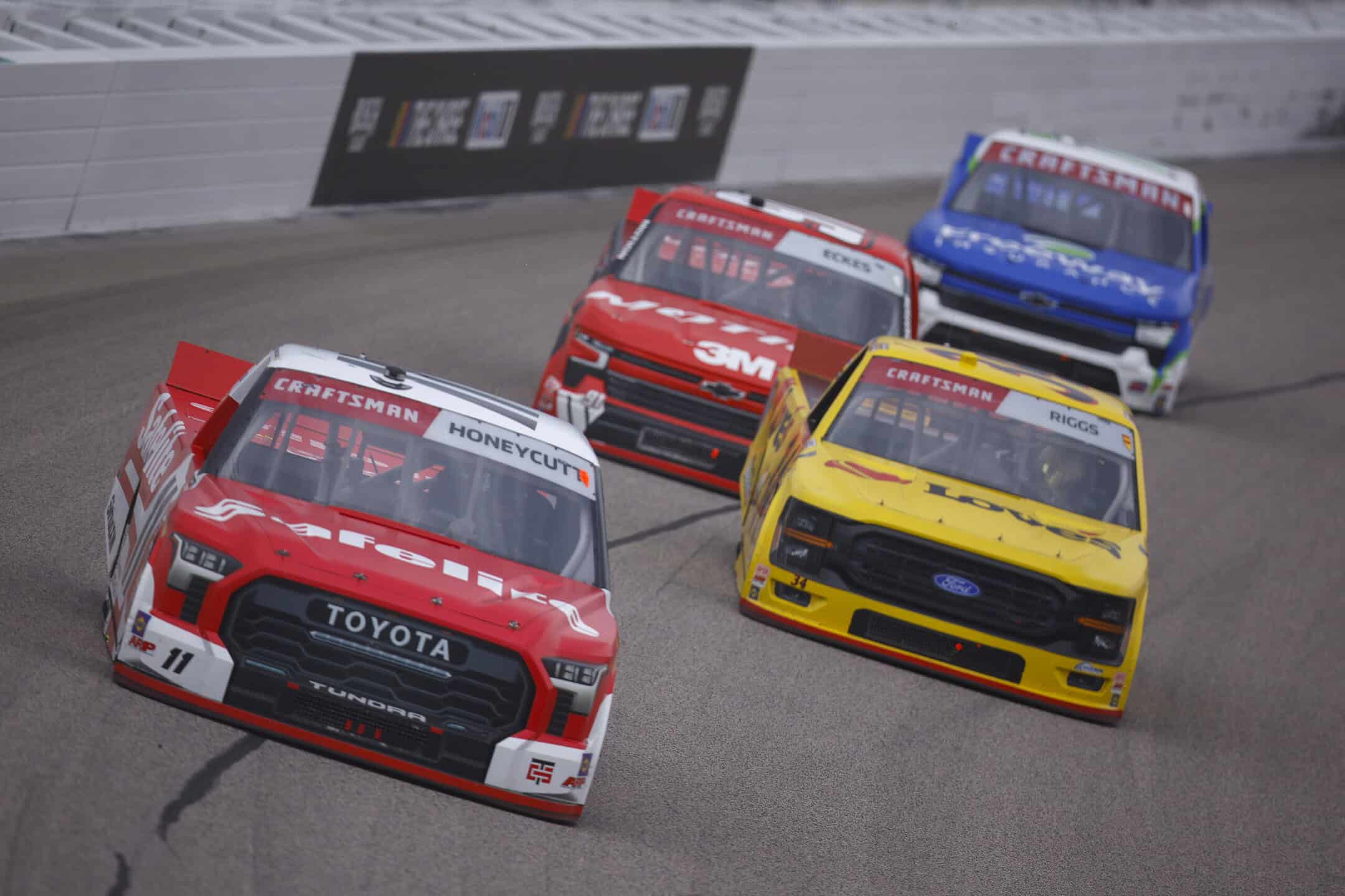 KANSAS CITY, KANSAS - SEPTEMBER 26: Kaden Honeycutt, driver of the #11 Safelite Toyota, drives during the NASCAR Craftsman Truck Series Race to Stop Suicide 200 at Kansas Speedway on September 26, 2026 in Kansas City, Kansas.
